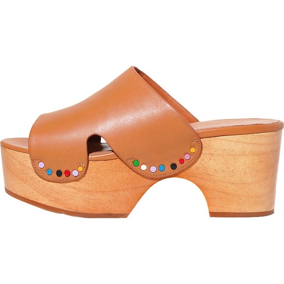Charlotte Stone Shoes - Glenna Tan Leather Platform Slide Mules with Multicolor Studs